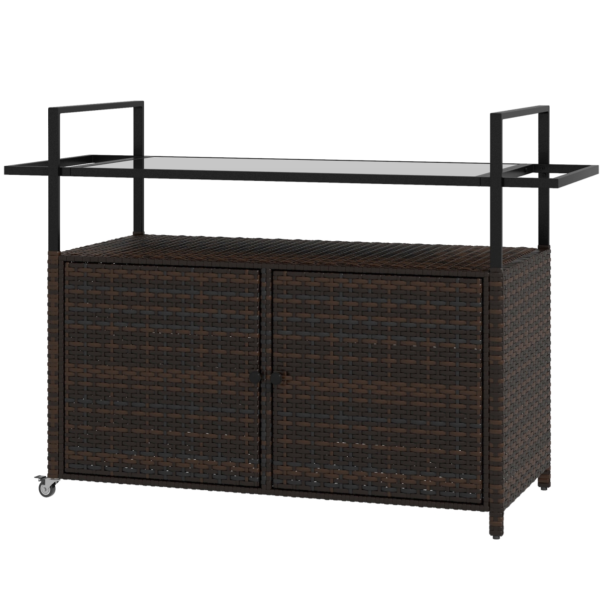 Picture of 212 Main 867-198V00MB Outsunny PE Rattan Outdoor Bar Table&#44; Outdoor Kitchen Island with 2-Tier Shelf&#44; Patio Serving Cart with Glass Top & Handles for Poolside&#44; Mixed Brown