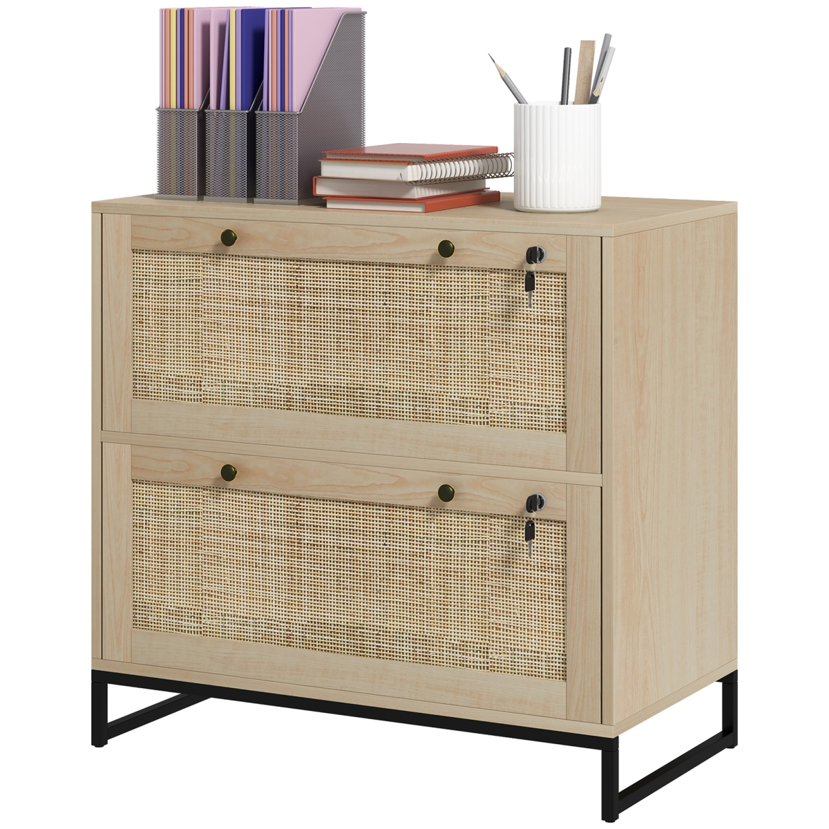 Vinsetto Lockable File Cabinet, Rattan 2 Drawer File Cabinet with Adjustable Hanging Bar for Letter, A4 & Legal Size, Natural