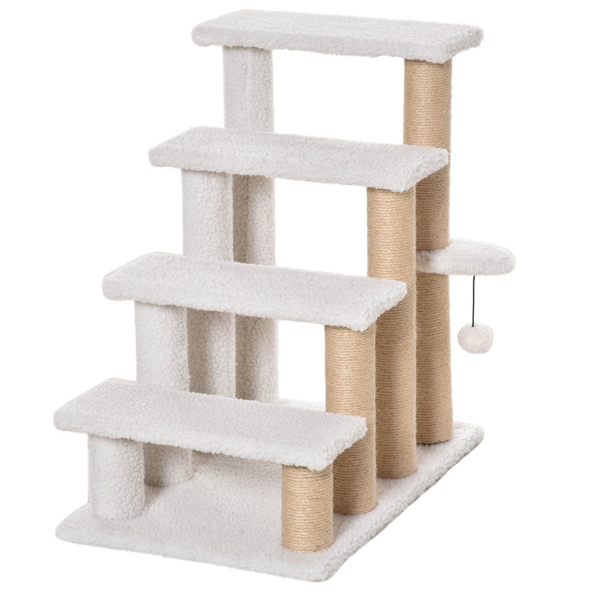 Picture of 212 Main D06-093 PawHut 4-Level Pet Stairs&#44; Cat Steps Carpeted Ladder Ramp&#44; Kitten Tree Climber with Scratching Posts&#44; Hanging Play Ball for Bed&#44; Sofa&#44; White