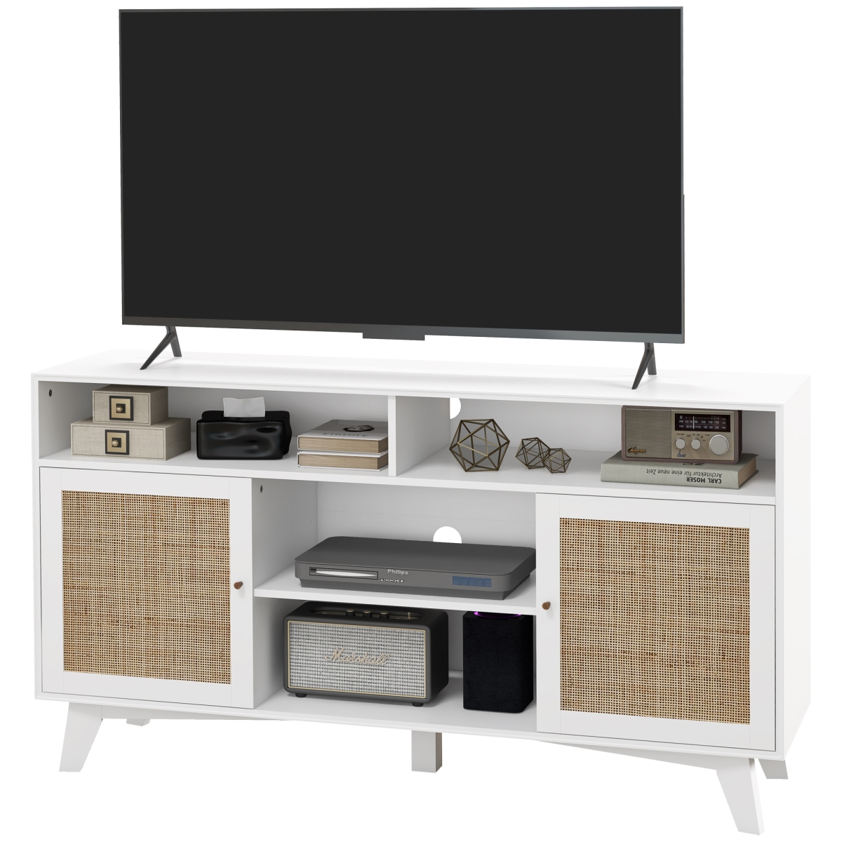 Picture of 212 Main 839-903V80WT Homcom TV Stand Cabinet for 65 in. TV Table with 2 Rattan Doors&#44; Television Stand with Adjustable Shelves&#44; 4 Open Shelves