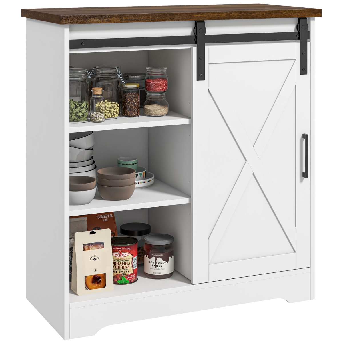 83A-036V80WT Homcom Farmhouse Kitchen Sideboard Buffet Cabinet, Coffee Bar Cabinet with Sliding Barn Door & Adjustable Shelf, White