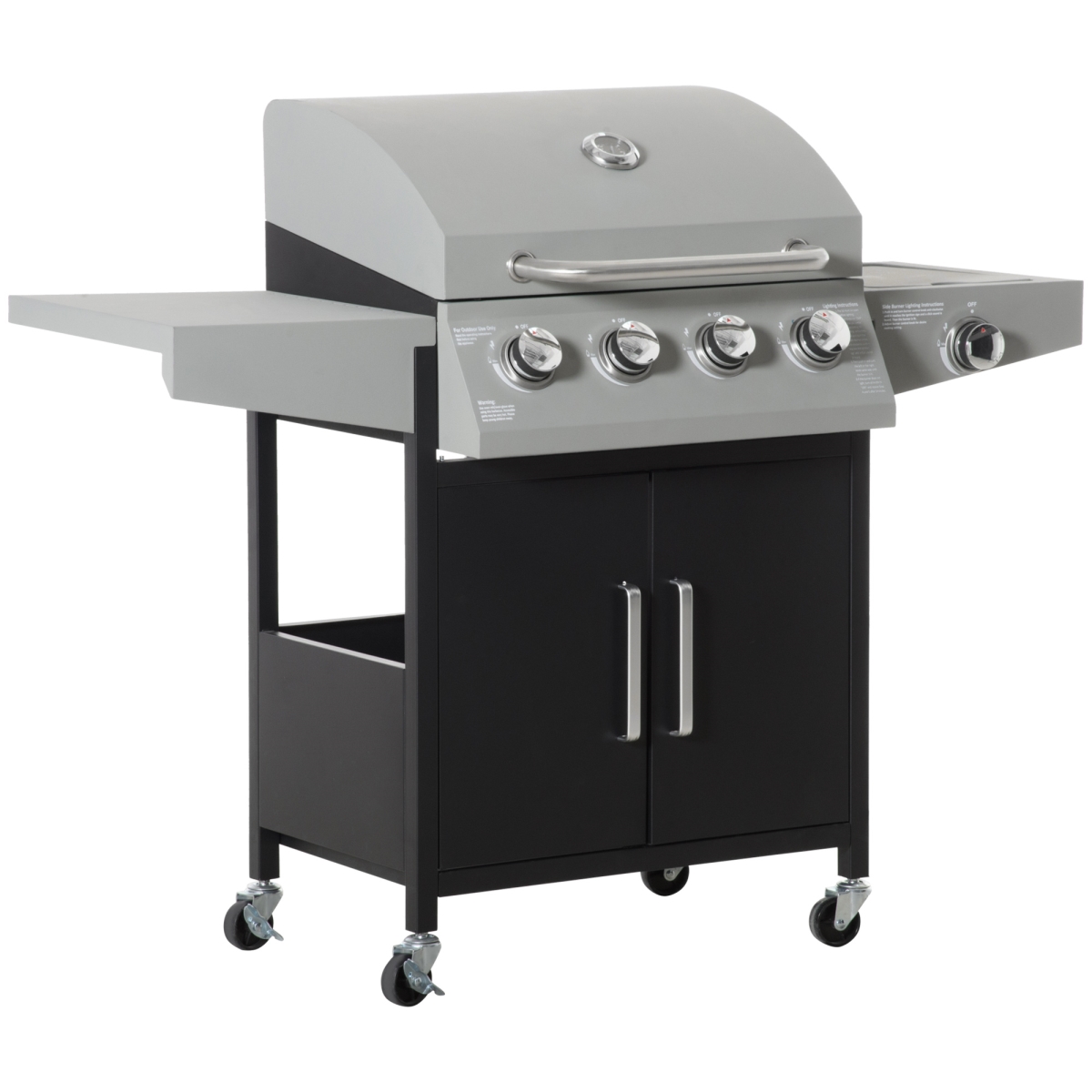 52 in. Outsunny Barbecue Grill with Wheels 4 Plus 1 Burner Liquid Propane Gas Outdoor Cabinet Style BBQ Trolley with Side Burner, Warming Rack
