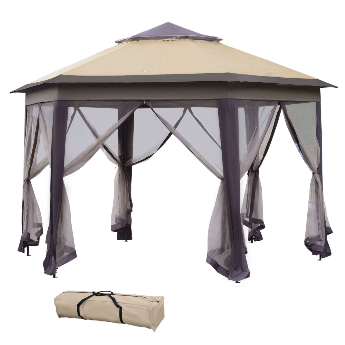13.3 x 13.3 ft. Outsunny Pop Up Gazebo Hexagonal Canopy with 6 Zippered Mesh Netting Event Tent with Strong Steel Frame for Patio Wedding Party