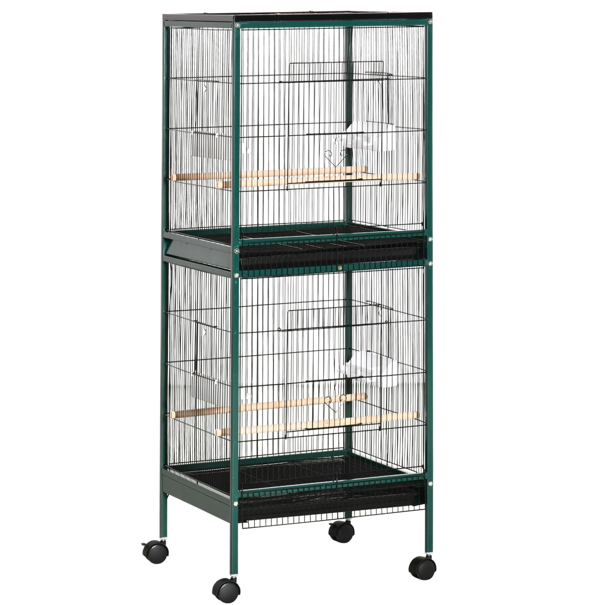 Picture of 212 Main D10-074GN 55 in. PawHut 2-in-1 Large Bird Cage Parakeet House for Finches&#44; Budgies with Wheels&#44; Slide-Out Trays&#44; Wood Perch & Food Containers&#44; Green