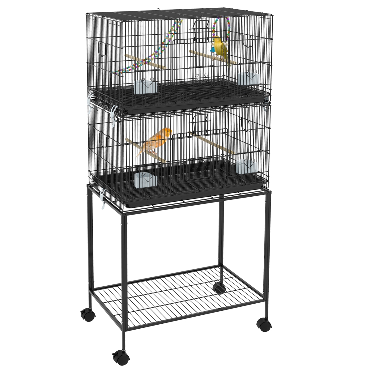 Picture of 212 Main D10-094V02BK PawHut Large Bird Cage with Stand&#44; Wooden Swing&#44; Rope Ladder & Wheels&#44; Budgie Cage with Storage Shelf&#44; Removable Tray for Canaries
