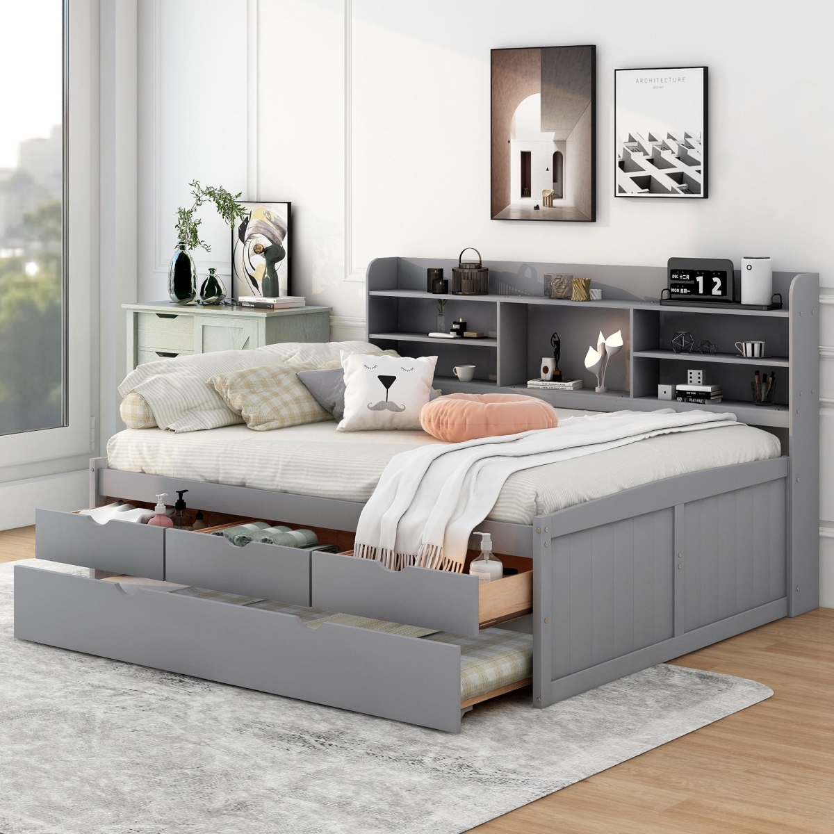 Picture of 212 Main F-WMS-GX001029AAE-1 Wood Full Size Bed with Built-in Bookshelves - 78.5 x 104.5 x 47 in. - Light Gray