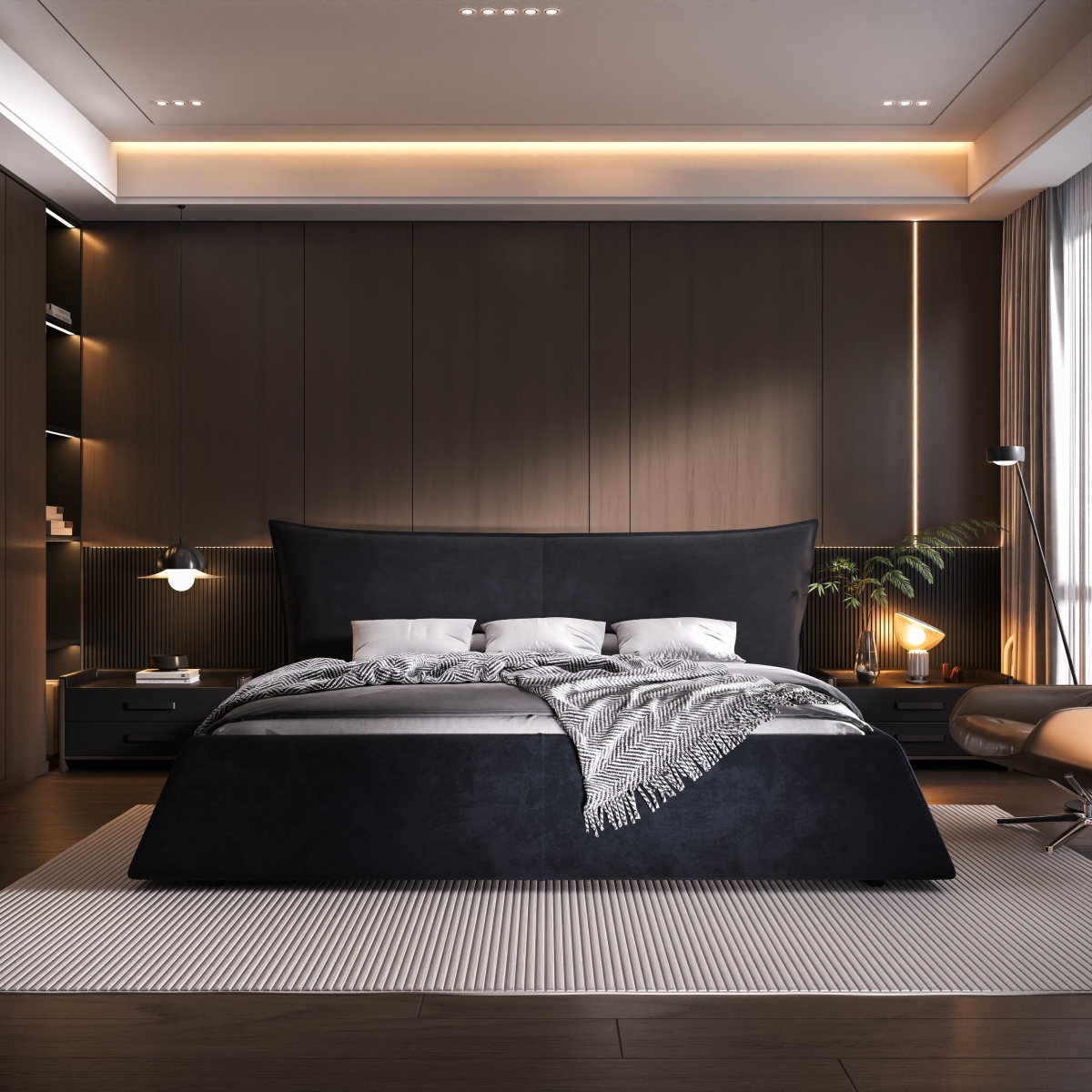 Picture of 212 Main F-BOB-W1885S00028 King Size Upholstered Platform Bed with Oversized Velvet Headboard&#44; Modern Mattress Base for Bedroom&#44; 97.5 x 93 x 42 in. - Black
