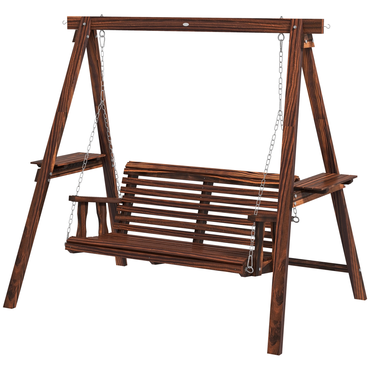 Dual-Seater Garden Swing Bench - Weathered Wood - Adjustable Height - Includes Side Tables