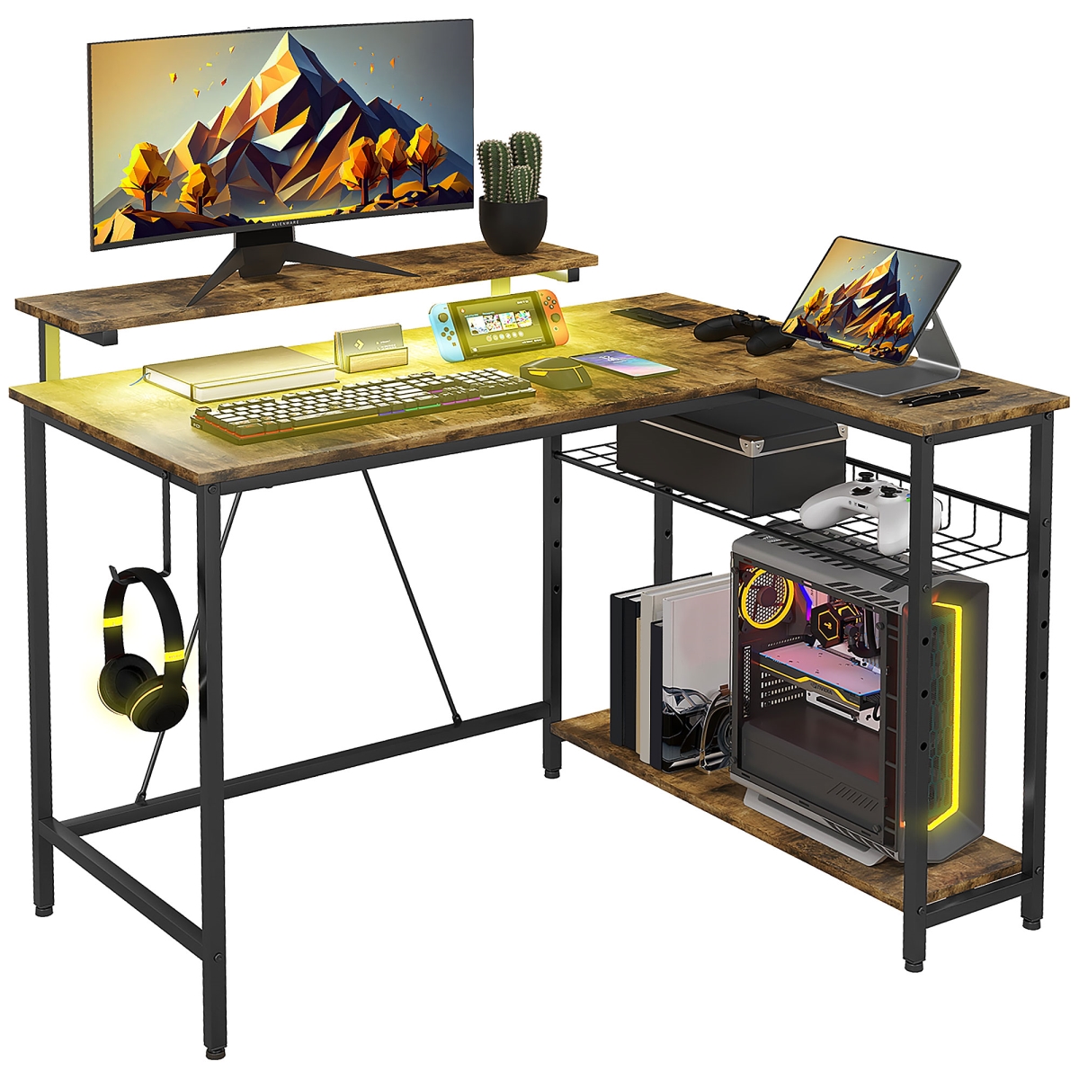 Picture of 212 Main 920-083V80RB Homcom Reversible L Shaped Computer Desk with Lights&#44; Power Outlet&#44; USB Ports&#44; Corner Desk with Storage for Home Office - Brown