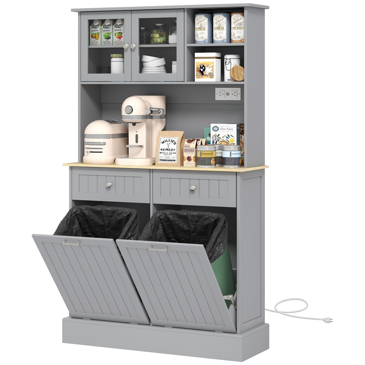 Picture of 212 Main 83A-142V80GY Homcom Kitchen Pantry Storage Cabinet with Charging Station&#44; 2 Tilt Out Cabinets&#44; Microwave Stand - Gray