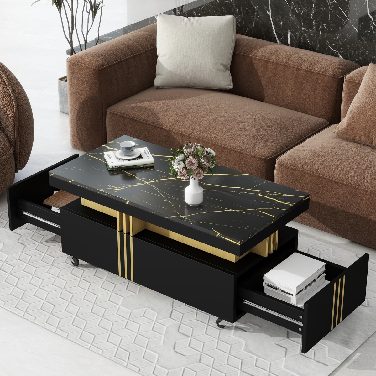 Picture of 212 Main F-ONT-WF305961AAB Contemporary Faux Marble Coffee Table with Caster Wheels & Two Drawers&#44; Rectangle Cocktail Table&#44; 39.5 x 20 x 17.5 in. - Black