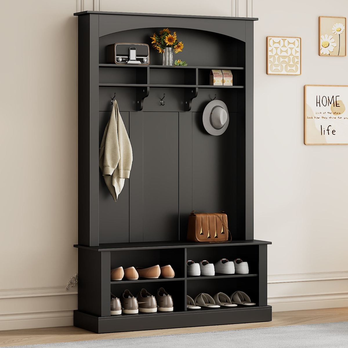 Picture of 212 Main F-ONT-WF317362AAB 47.5 in. Modern Multi-Functional Wide Hall Tree with Shoe Storage & 3 Hanging Hooks&#44; Living Room Coat Rack with Adjustable Shelves - Black