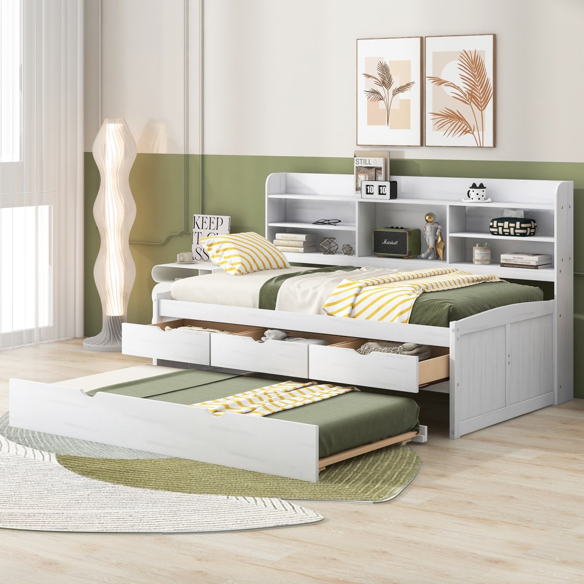Picture of 212 Main F-WMS-GX001015AAK-1 Wood Full Size Bed with Built-in Bookshelves&#44; 3 Drawers & Trundle&#44; Classic Style Bed for Bedroom&#44; 77.5 x 88 x 47 in. - White Washed