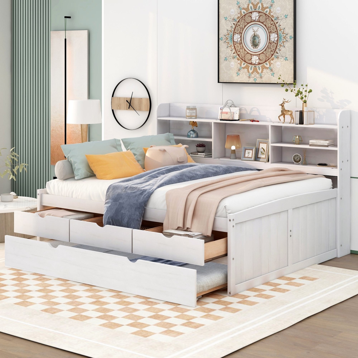Picture of 212 Main F-WMS-GX001029AAK Classic Style Full Size Wooden Captain Bed with Built-in Bookshelves&#44; 78.5 x 104.5 x 47 in. - White