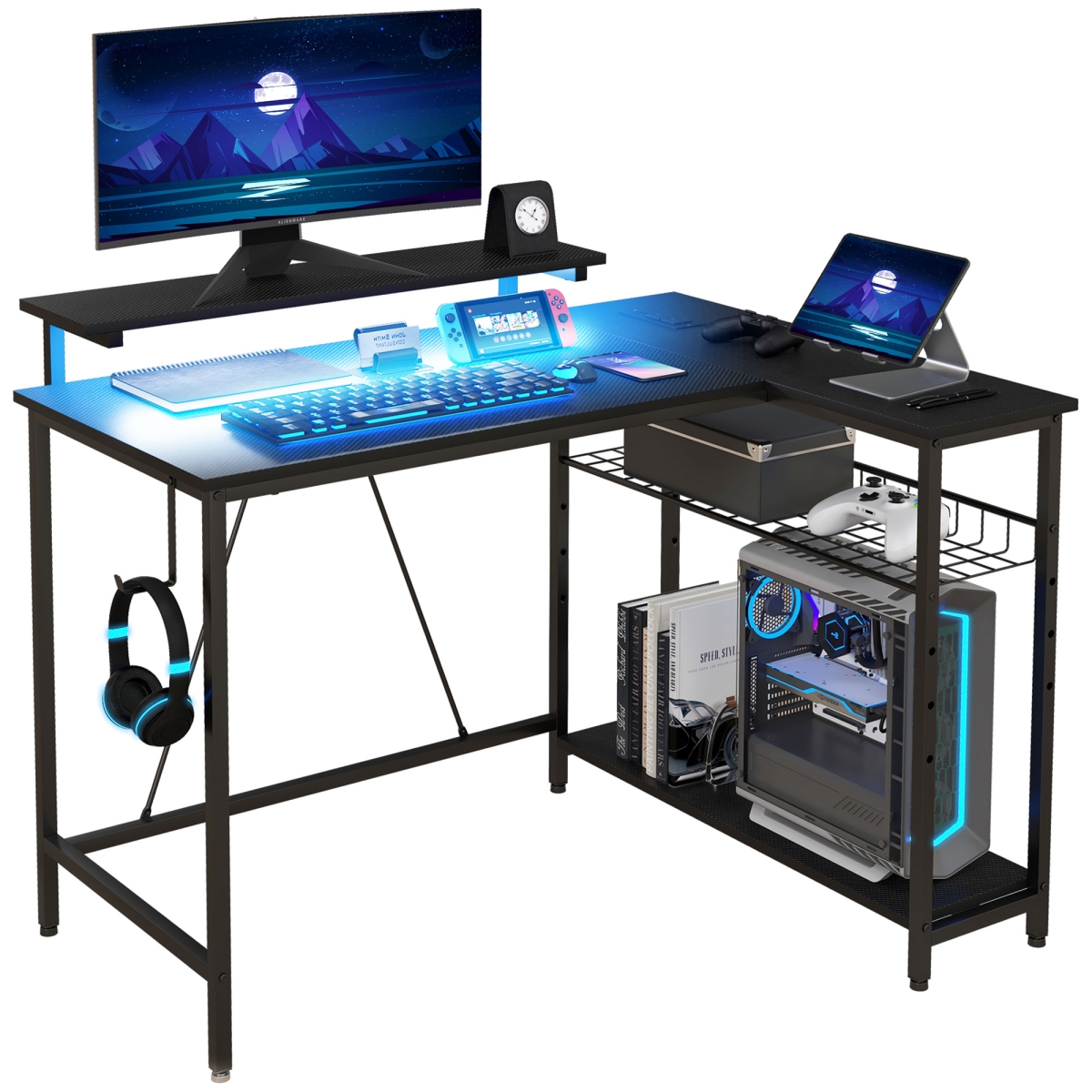 Picture of 212 Main 920-083V80BK Homcom 42 in. Morden L Shaped Desk with Lights&#44; Corner Desk with Storage&#44; Power Outlet & 3 Adjustable Shelf for Home Office - Black