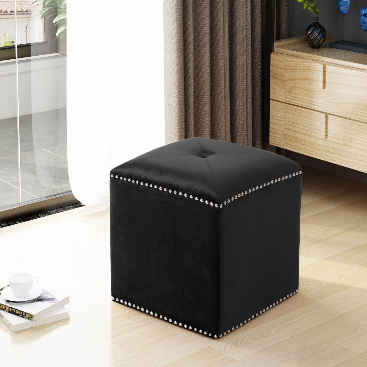 Picture of 212 Main F-NHA-6300400BLK Button Tufted Square Fabric Ottoman with Cushioned Top&#44; Sturdy Frame & Space-Saving Design&#44; 16.5 x 16.5 x 17 in. - Black