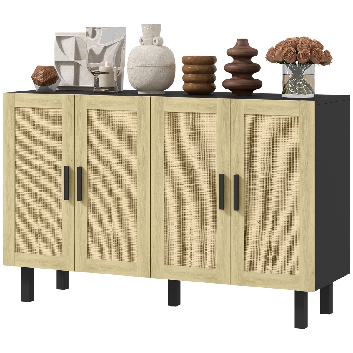 Picture of 212 Main 838-199V82BK Homcom Boho Kitchen Cabinet&#44; Buffet Cabinet with 4 Rattan Doors & Adjustable Shelves for Dining Room - Black & Natural