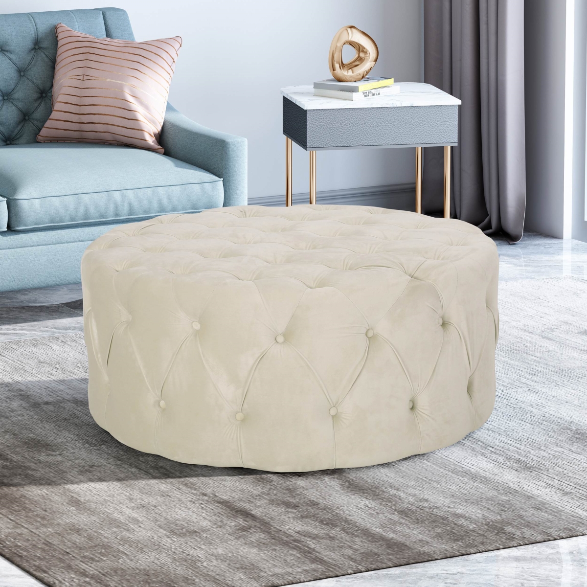 Picture of 212 Main F-NHA-6907400BGE Modern Glam Round Tufted Velvet Ottoman with Cushioned Top&#44; Sturdy Frame & Space-Saving Design&#44; 40 x 40 x 17.5 in. - Beige