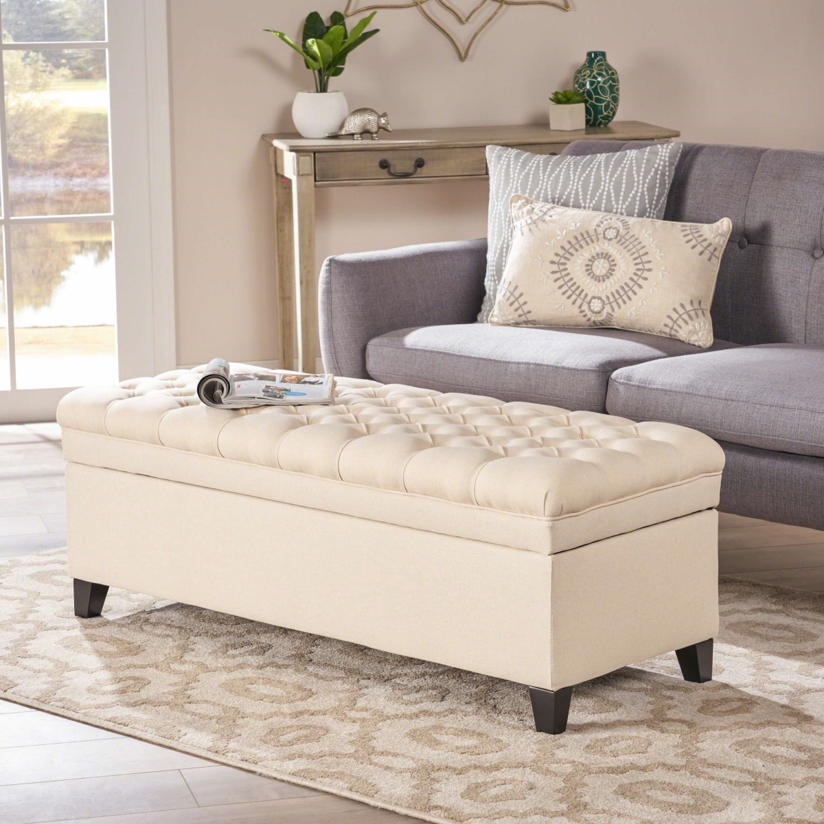 Picture of 212 Main F-NHA-577410 18.25 x 20.5 x 50 in. Storage Ottoman with Birch Legs & Hand-Tufted Fabric - Beige