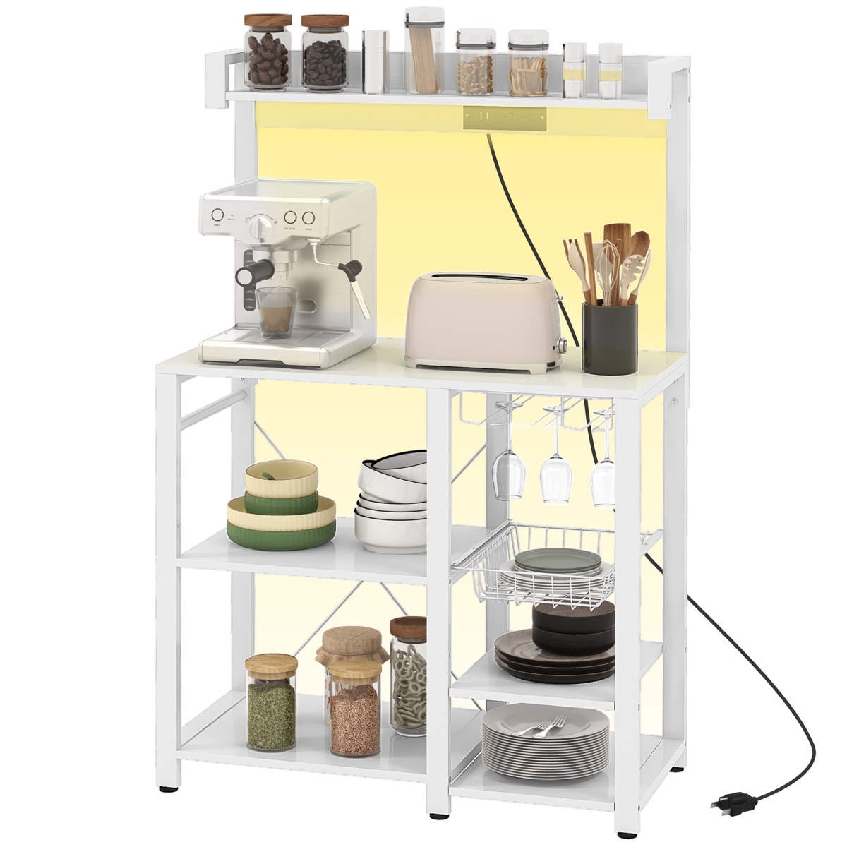 Picture of 212 Main 801-360V80WT Homcom White Industrial Kitchen Bakers Rack with RGB Lights&#44; Charging Station&#44; Glass Holders & Open Shelves