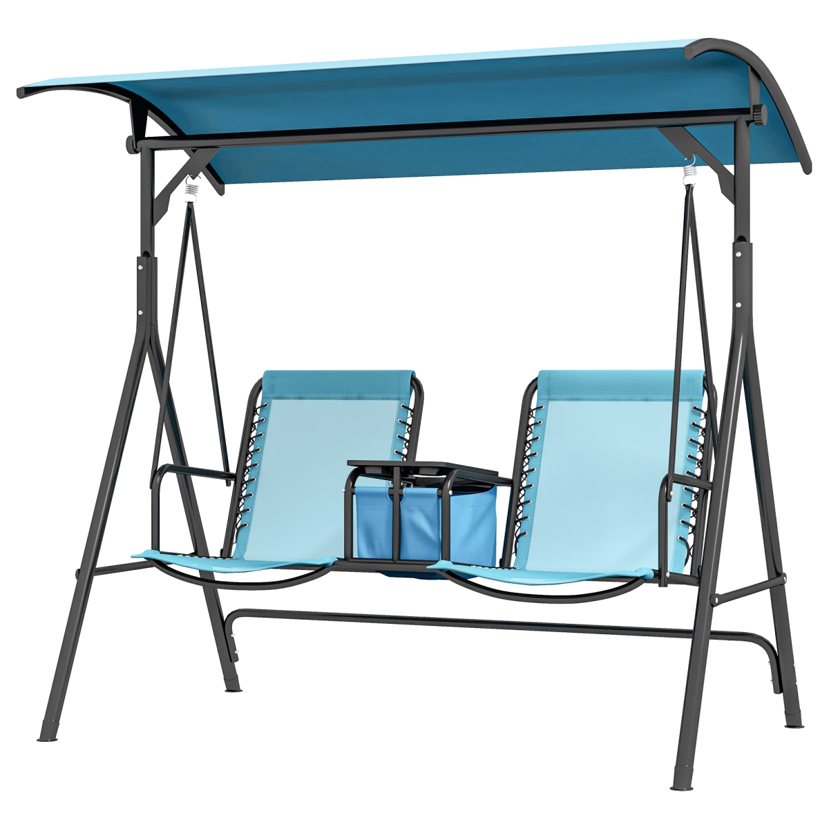2-Person Porch Swing with Canopy - Blue - Includes Storage Table & Cup Holders