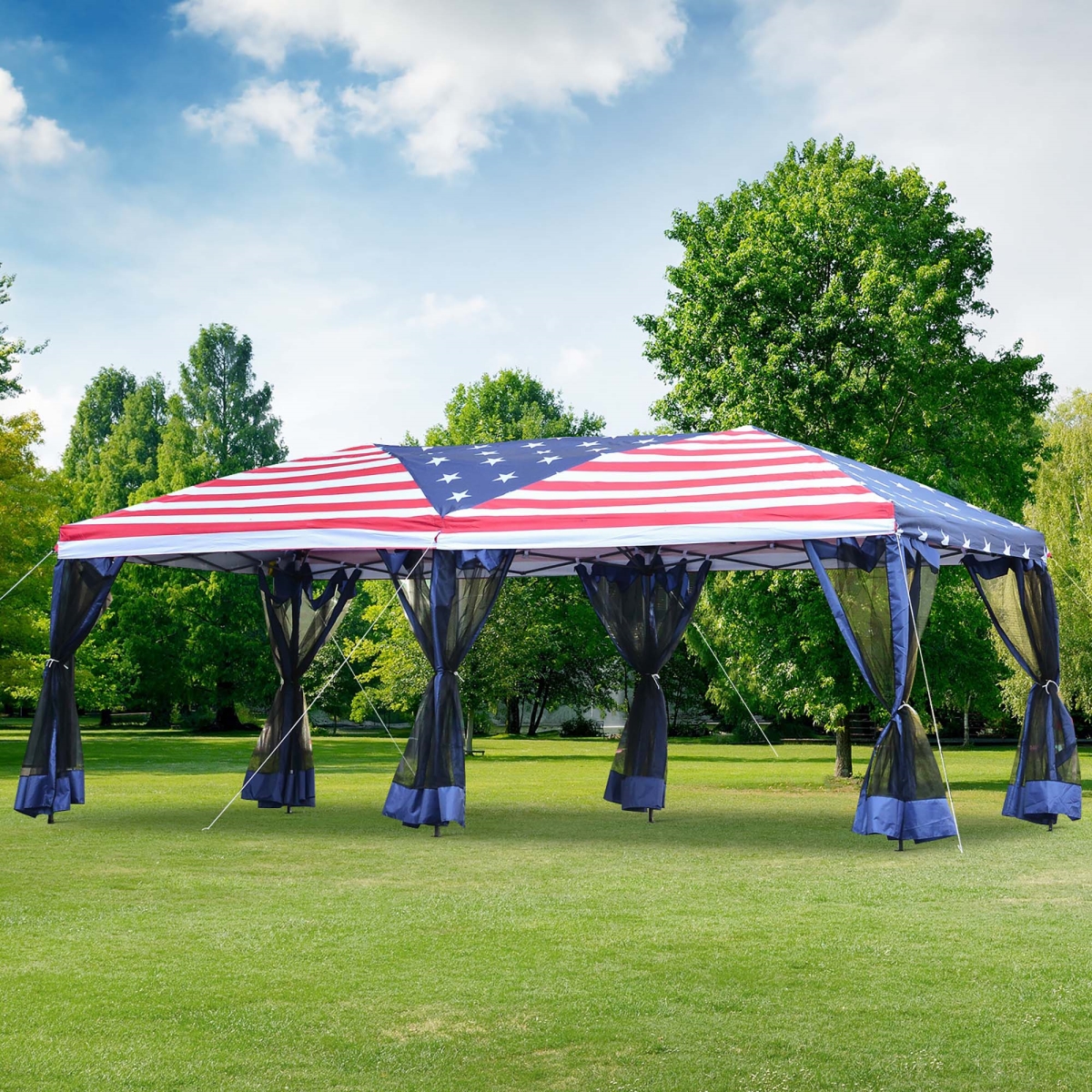 Picture of 212 Main 840-012V01-1 10 x 20 ft. Outsunny Pop Up Canopy Wedding Party Tent Gazebo with Removable Mesh Sidewalls - American Flag Print - White&#44; Blue & Red