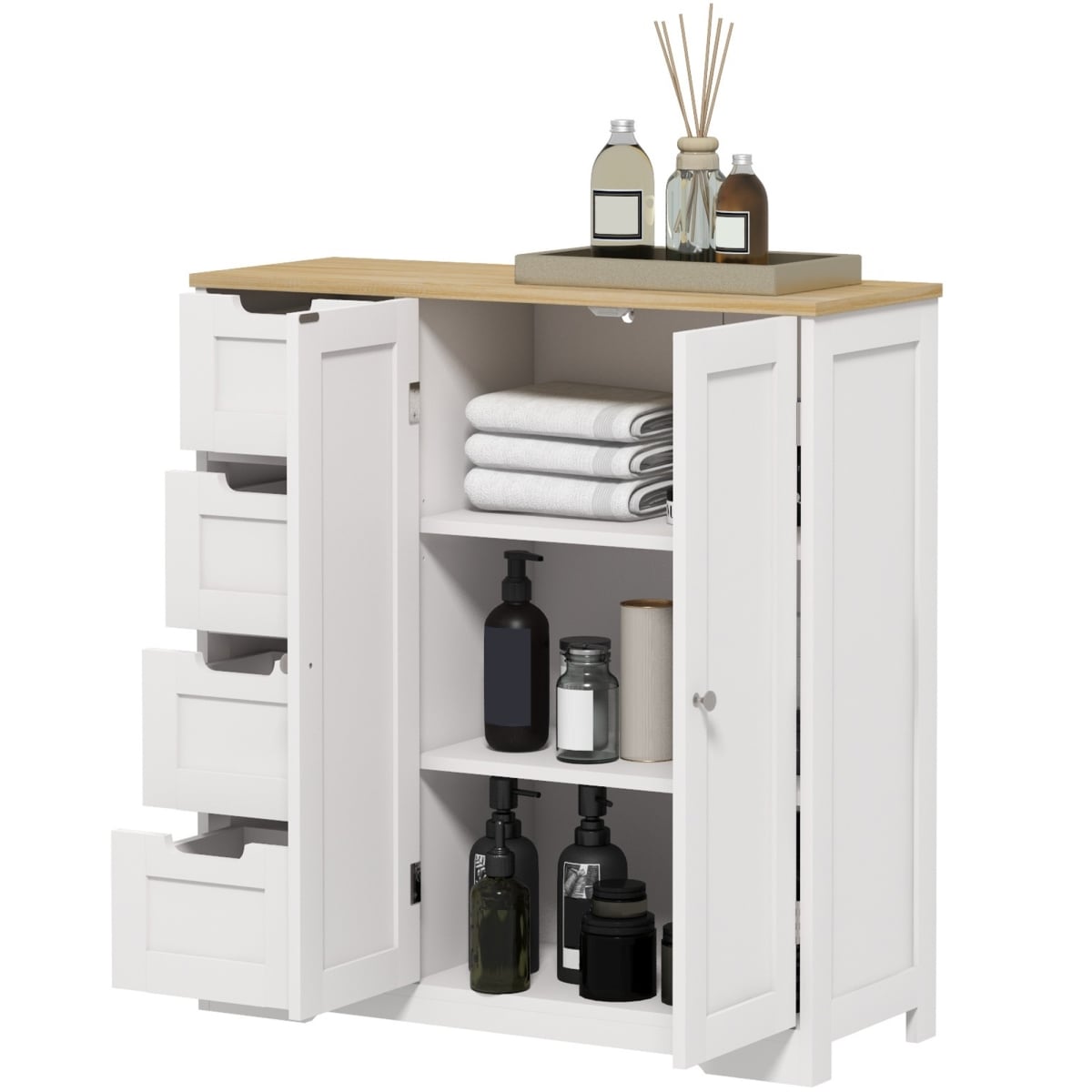 834-727V80WT Homcom Freestanding Bathroom Floor Cabinet, Modern Bathroom Cabinet with Adjustable Shelf, 4 Drawers & 2 Doors - White