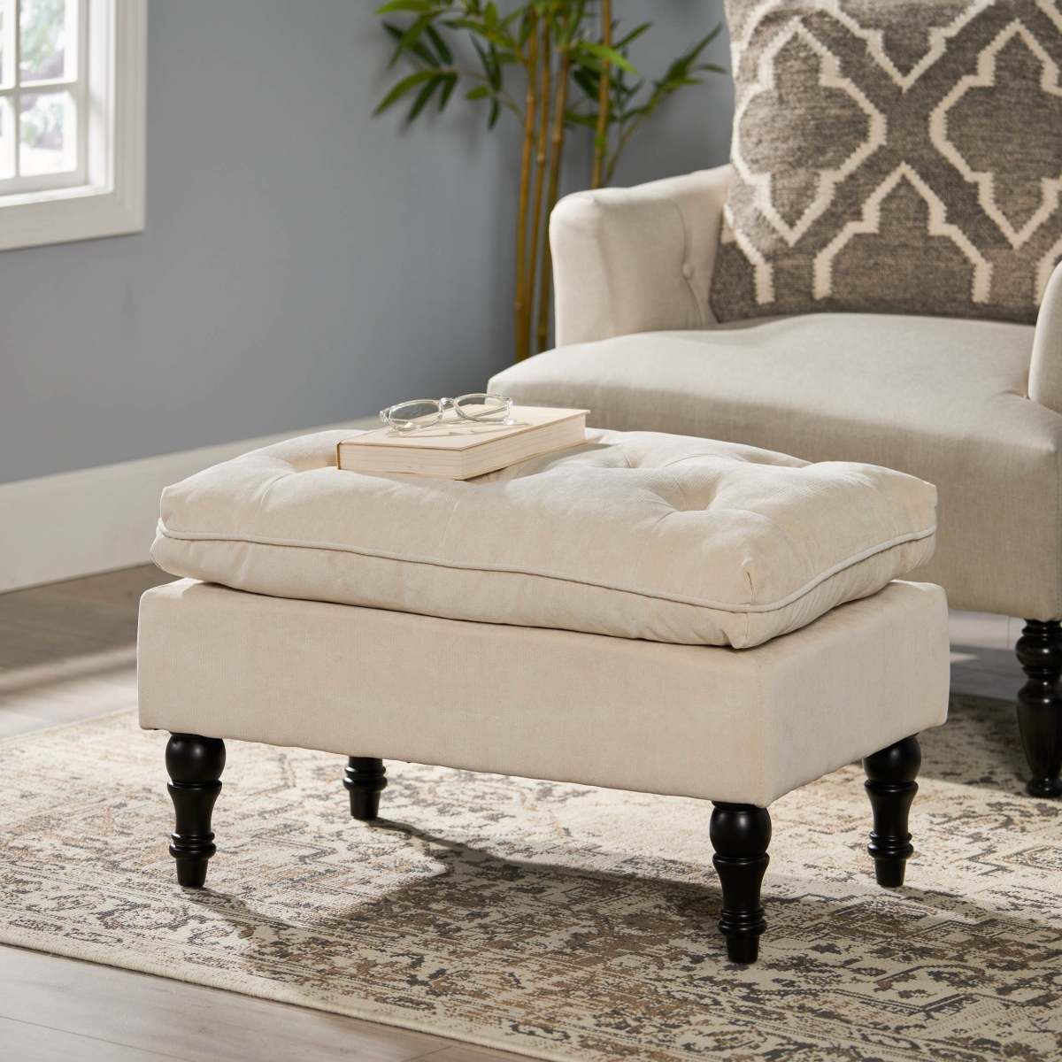 Picture of 212 Main F-NHA-530810 28 in. Pillow Top Ottoman with Button Tufted Upholstery - 28.5 x 18 x 17.75 in. - Cream