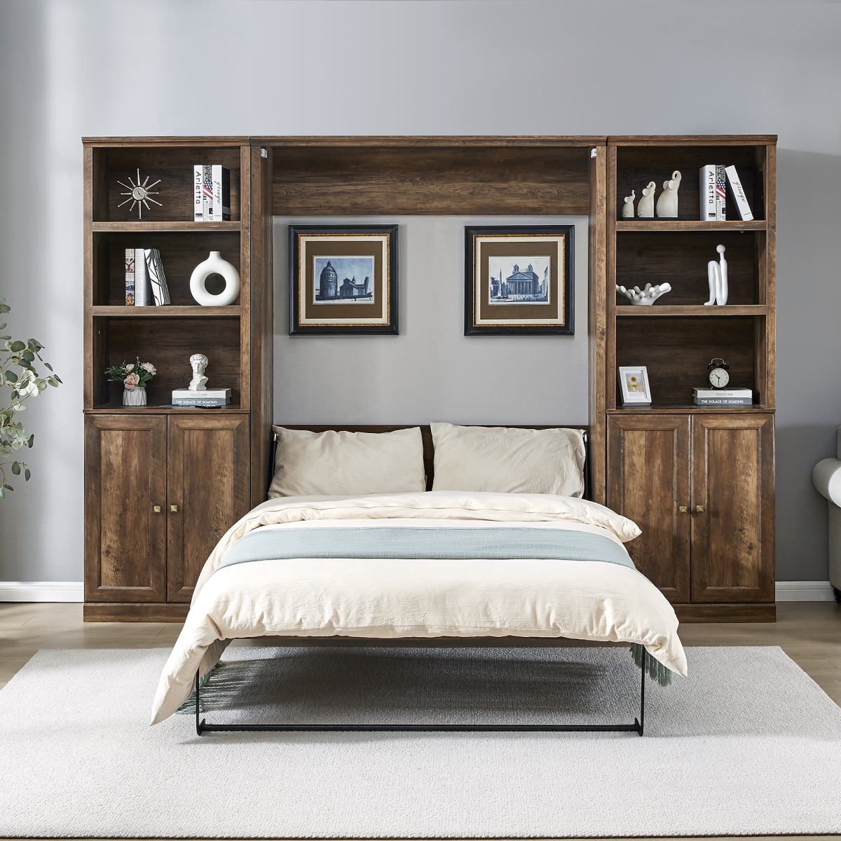 Picture of 212 Main F-BBS-BS301470AAD Full Size Murphy Wall Bed with Dual Piston System&#44; 2 Side Cabinets with USB Ports & Shelves&#44; Space-Saving Design&#44; Metal Frame - Brown