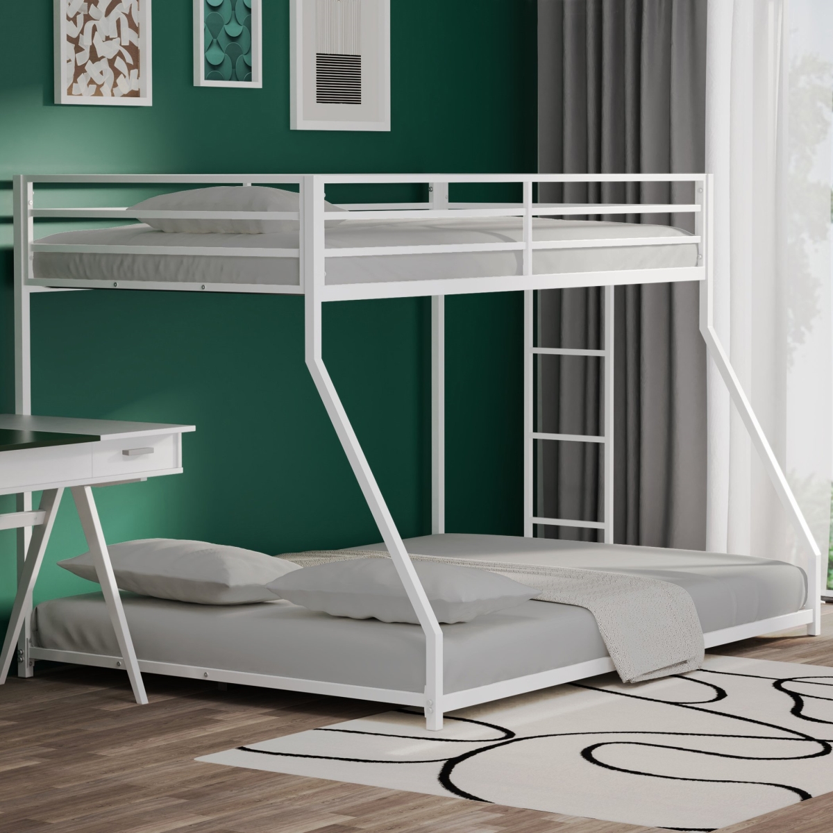 Picture of 212 Main F-HHF-B083P160614 Adam Twin Over Full Metal Bunk Bed Frame with Guardrails&#44; Interchangeable Ladder&#44; No Box Spring Required&#44; Easy Assembly - White