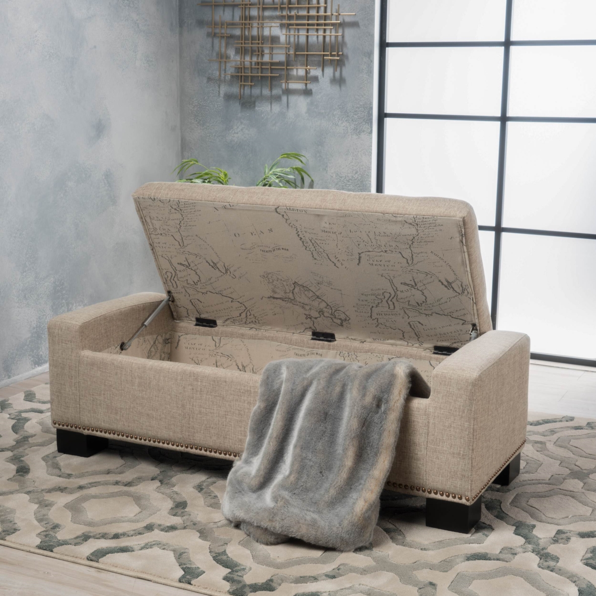 Picture of 212 Main F-NHA-5457400F Fabric Storage Ottoman with Studs - 50.85 x 19.5 x 17 in. - Wheat