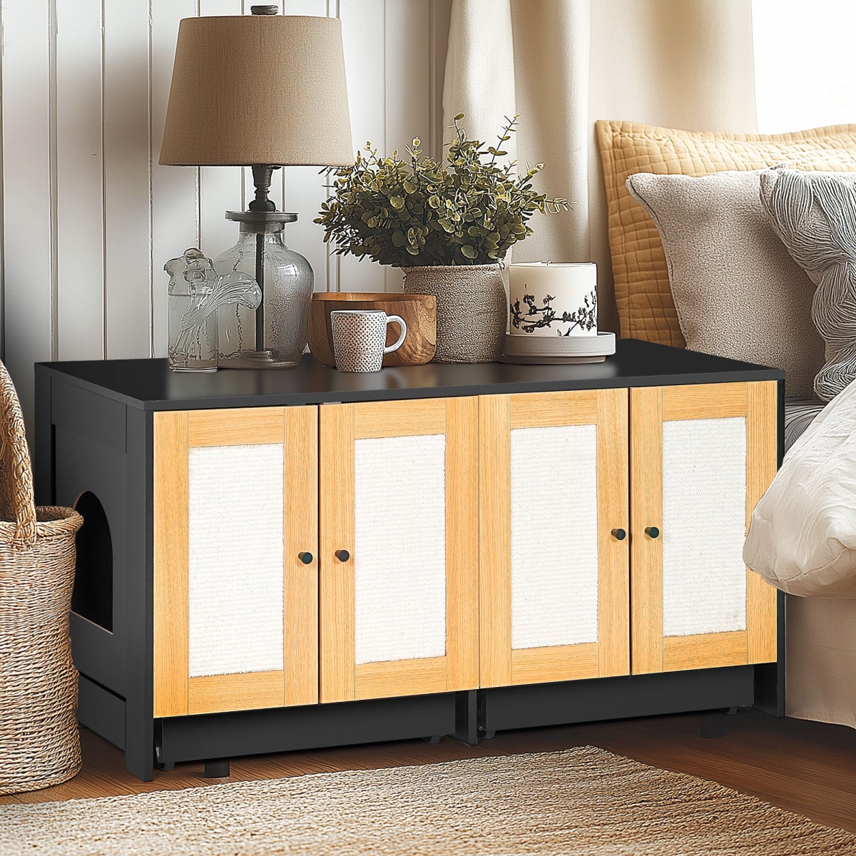 Picture of 212 Main F-NPF-W1687P181573 Hidden Litter Box Enclosure for 2 Cats with Rattan Doors & Sisal Scratch Panel&#44; Suitable for Storage&#44; 47 x 20 x 23.5 in. - Light Oak