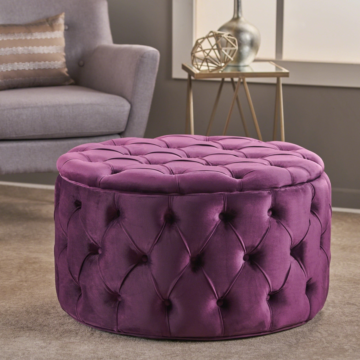 Picture of 212 Main F-NHA-5931300FCS 29.5 x 29.5 x 18 in. Modern Glam Round Velvet Ottoman with Cushioned Top & Sturdy Frame - Fuchsia