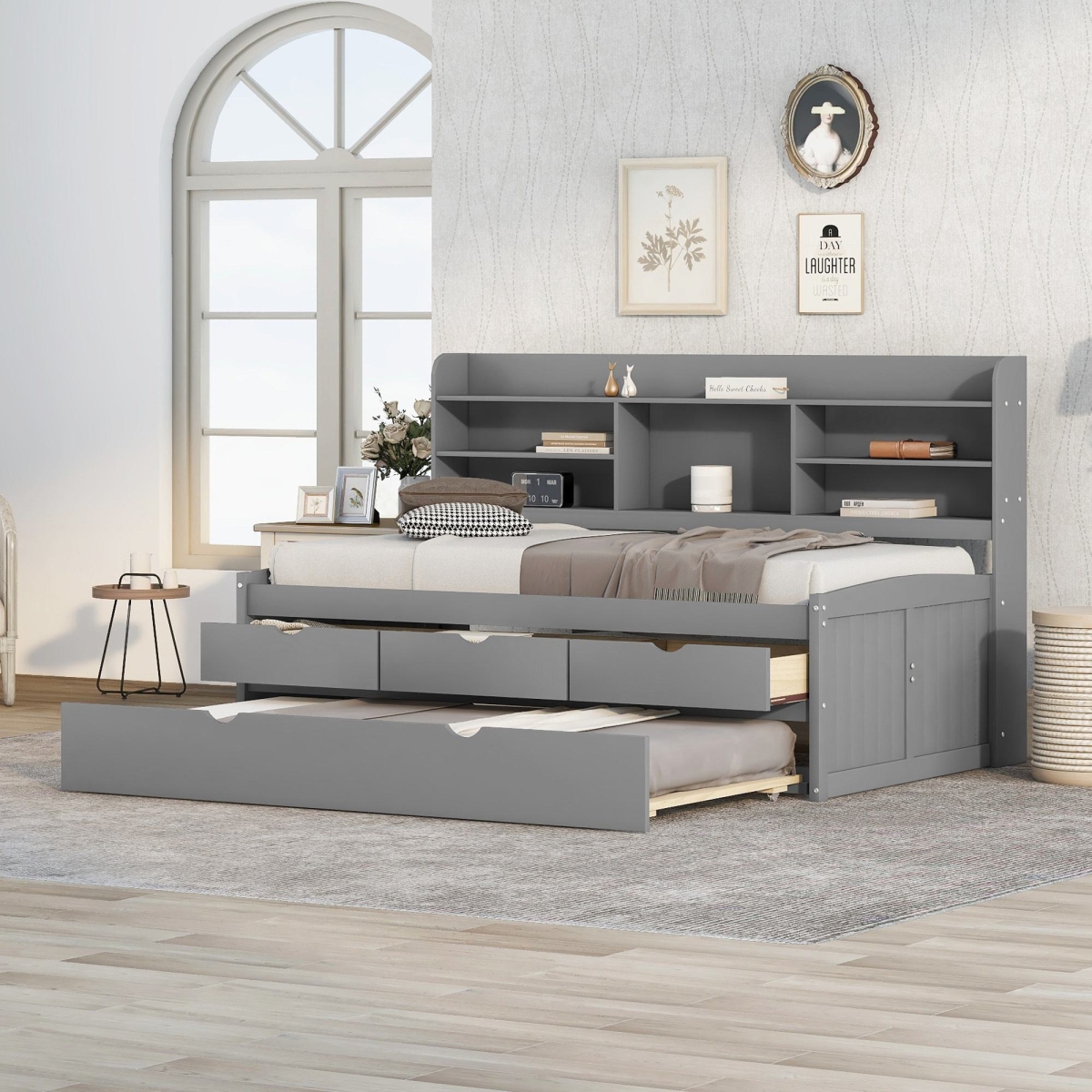 Picture of 212 Main F-WMS-GX001015AAE Wood Twin Size Captain Bed with Built-in Bookshelves&#44; 3 Drawers & Trundle&#44; Classic Style Bed for Bedroom&#44; 77.5 x 88 x 47 in. - Gray