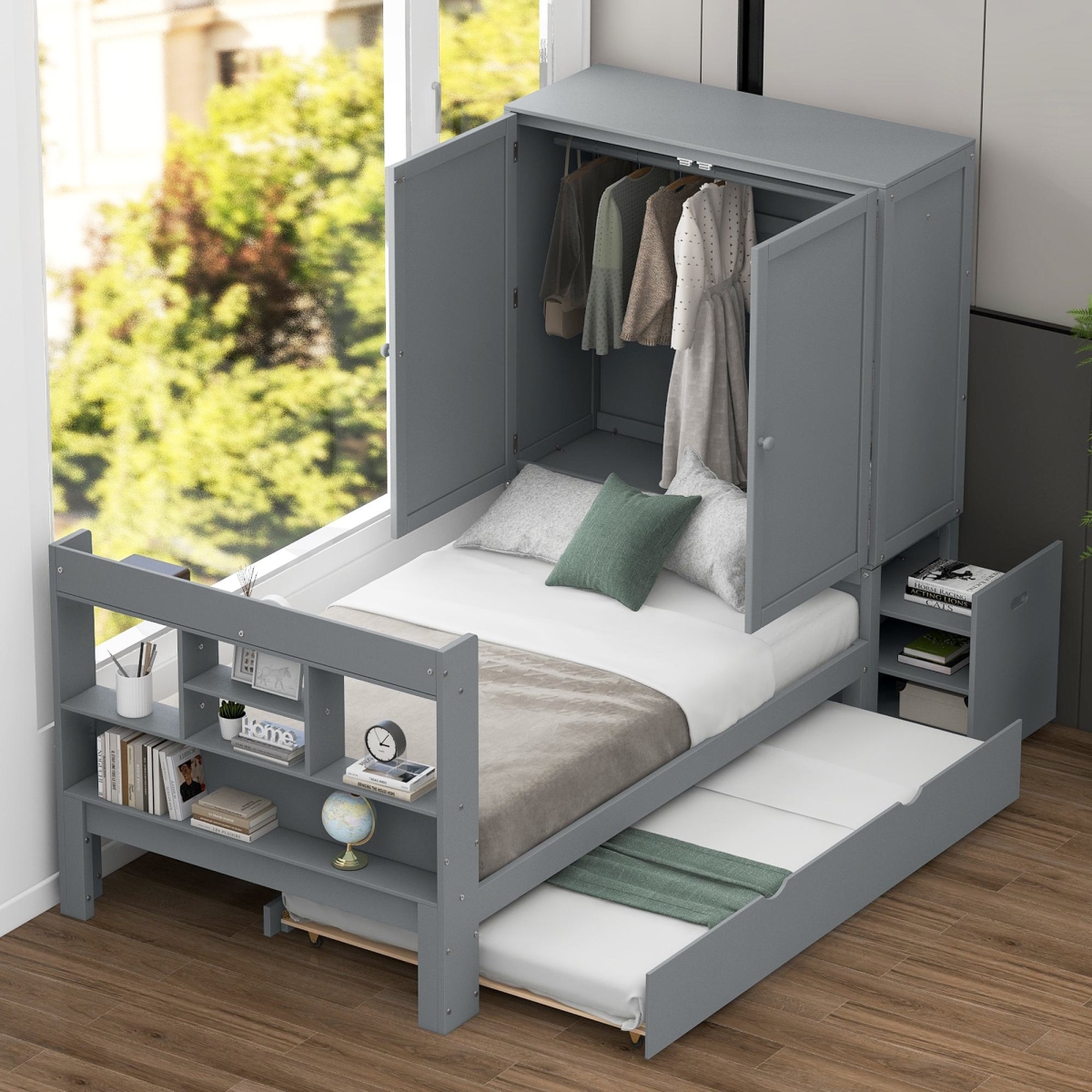 Picture of 212 Main F-WMS-GX000732AAE Wood Twin Size Platform Bed for Kids with Storage Headboard&#44; Footboard&#44; Pull Out Shelves & Trundle&#44; 101 x 41.5 x 65.5 in. - Gray