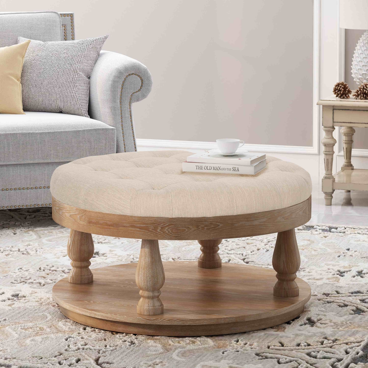 Picture of 212 Main F-NHA-6958000BGE Contemporary Glam Upholstered Round Ottoman with Cushioned Top&#44; Sturdy Frame & Space-Saving Design&#44; 40 x 40 x 20 in. - Beige