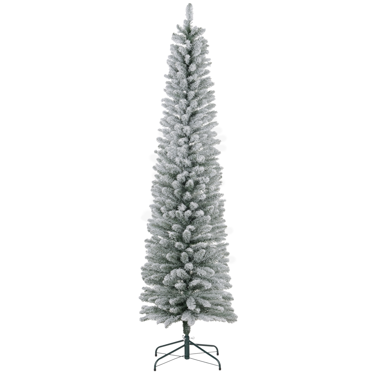 7ft White Flocked Christmas Tree - Slim Pencil Design - Metal Base - Flame Retardant