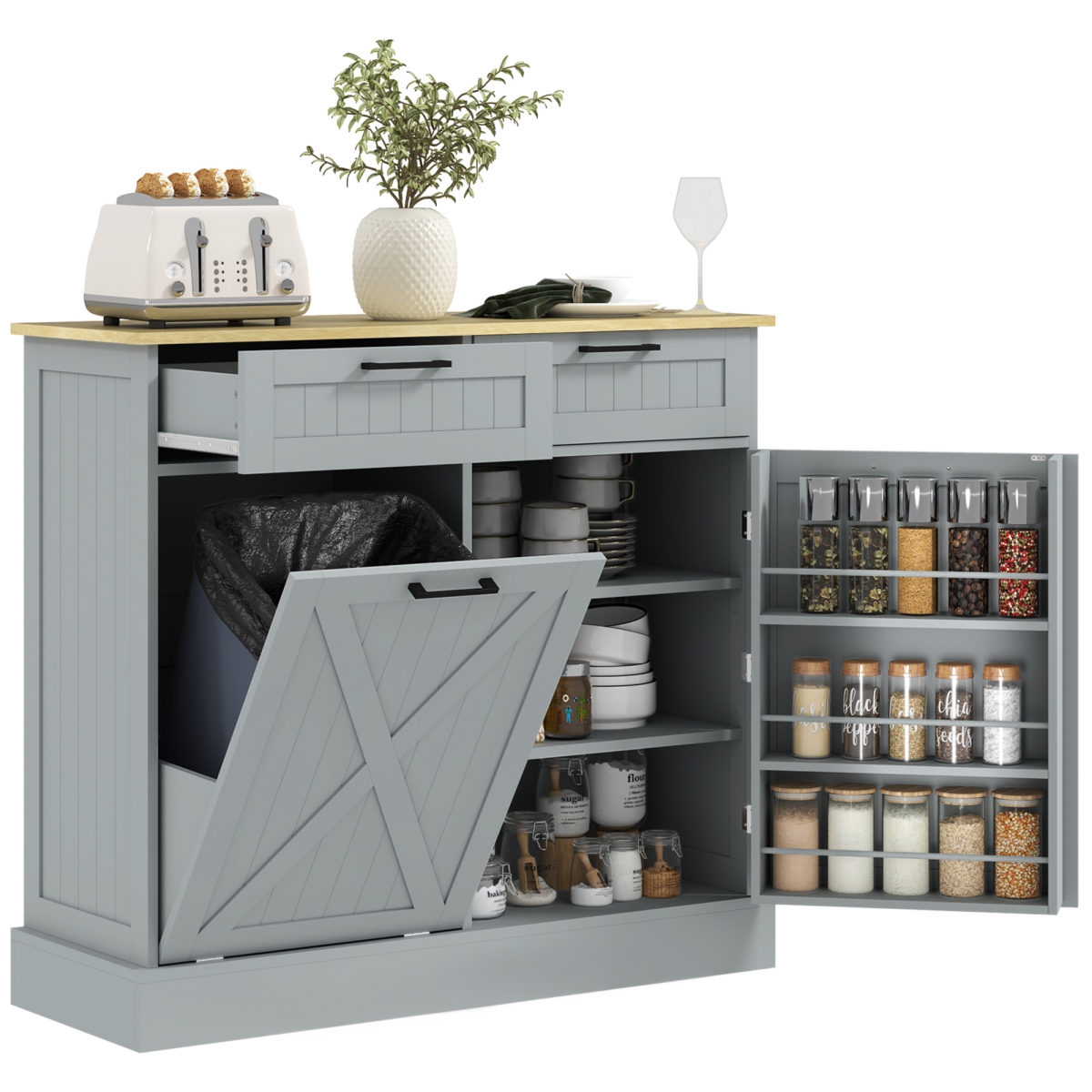 Picture of 212 Main 83A-193V80GY Homcom Farmhouse Kitchen Cabinet with Hidden Trash Can & 2 Drawers&#44; Tilt Out Trash Can Cabinet for Kitchen - Gray