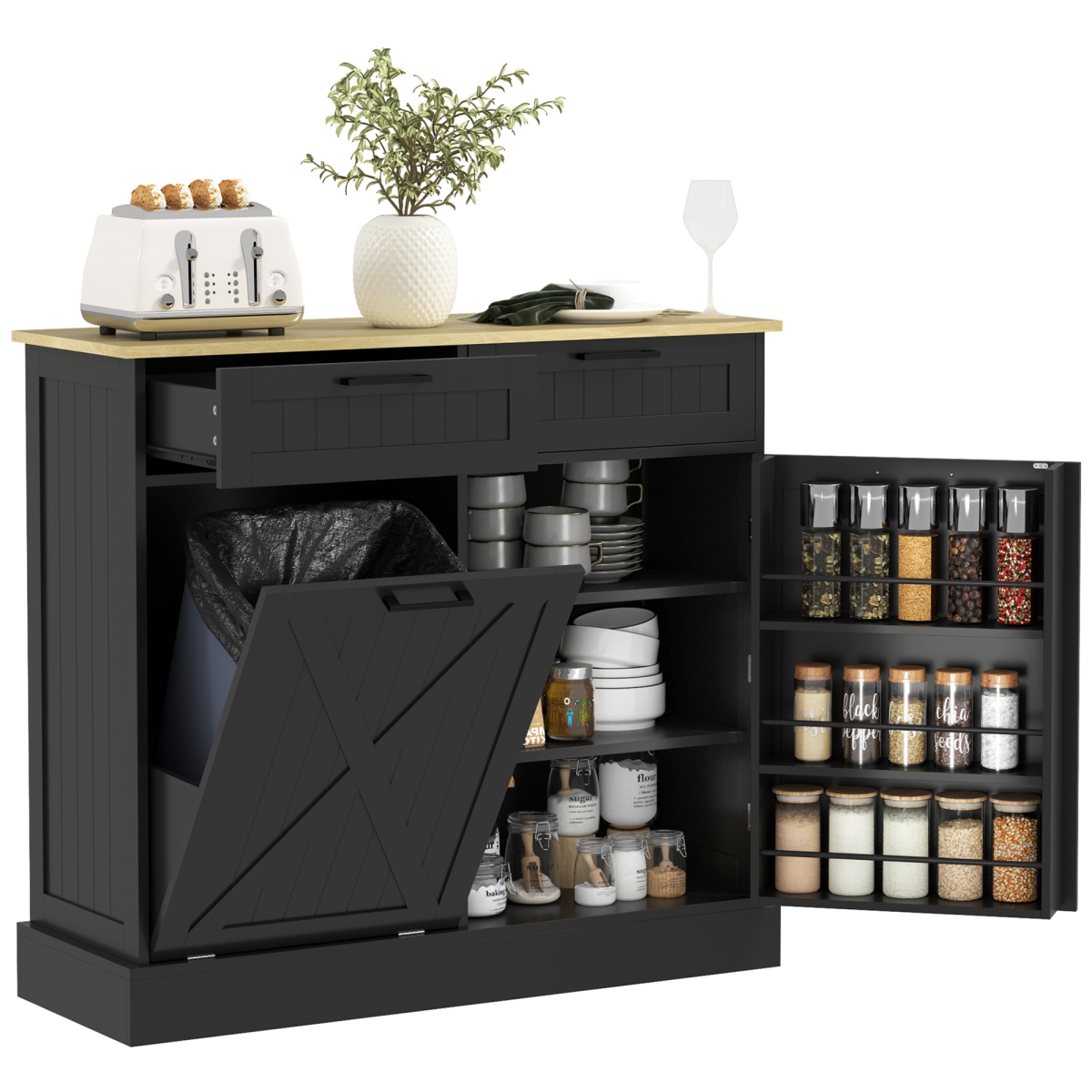 Picture of 212 Main 83A-193V80BK Homcom Farmhouse Kitchen Cabinet with Hidden Trash Can & 2 Drawers&#44; Tilt Out Trash Can Cabinet for Kitchen - Black