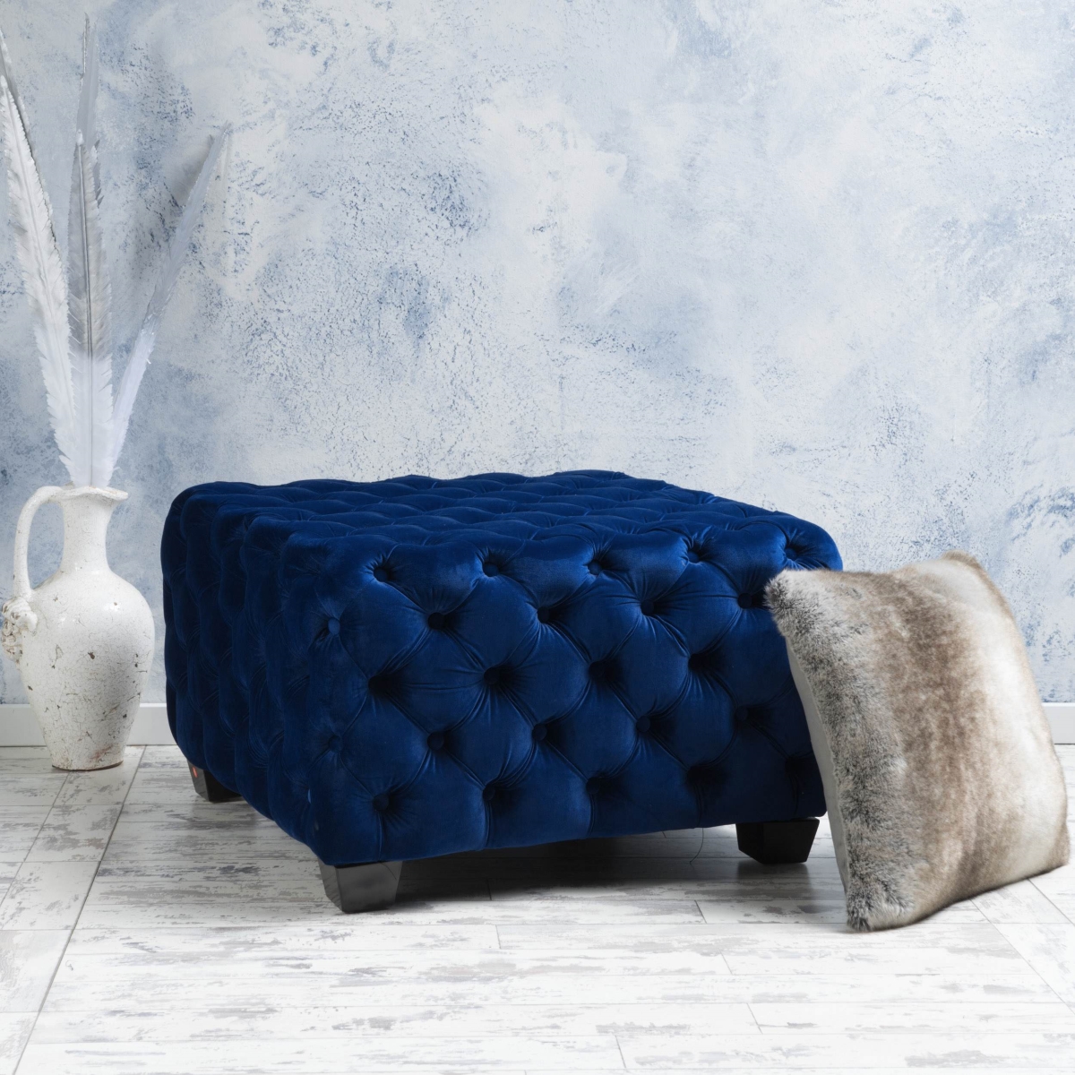 Picture of 212 Main F-NHA-5894800NBL Velvet Ottoman with Cushioned Top - 29 x 29 x 18.25 in. - Navy Blue
