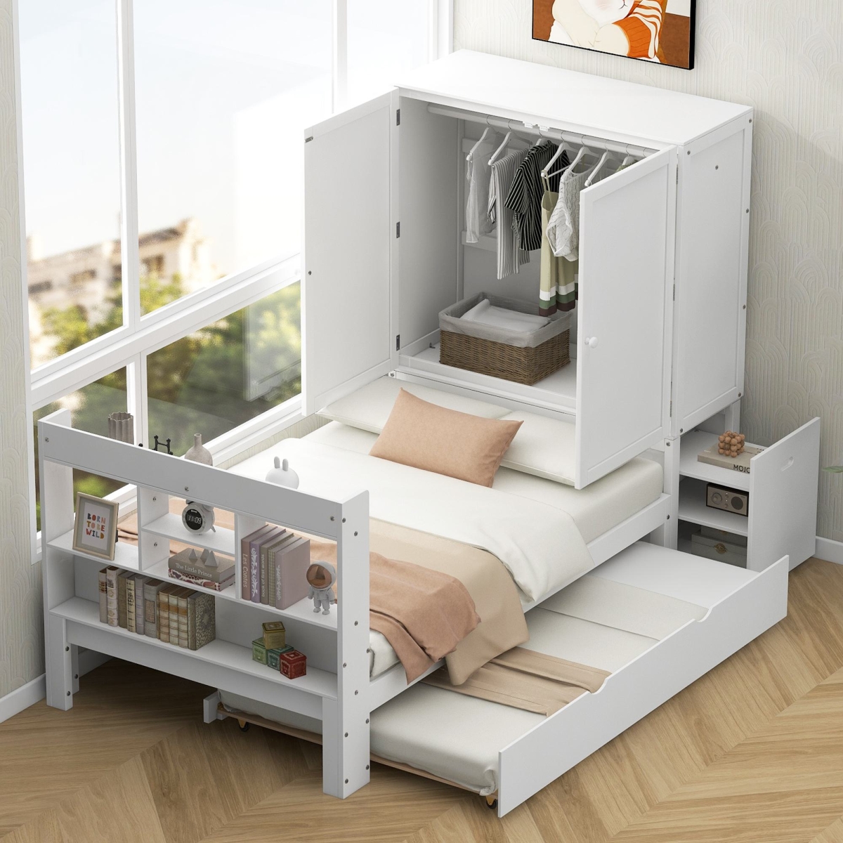 Picture of 212 Main F-WMS-GX000732AAK Wood Twin Size Platform Bed for Kids with Storage Headboard&#44; Footboard&#44; Pull Out Shelves & Trundle&#44; 101 x 41.5 x 65.5 in. - White