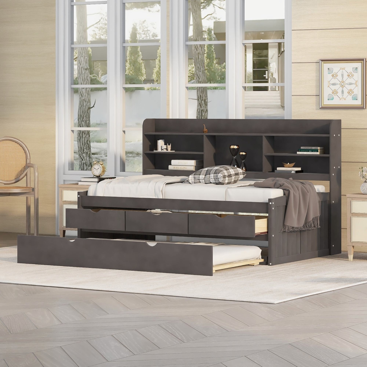 Picture of 212 Main F-WMS-GX001015AAA Wood Twin Size Bed with Built-in Bookshelves&#44; 3 Drawers & Trundle&#44; Classic Style Bed for Bedroom&#44; 77.5 x 88 x 47 in. - Antique Gray