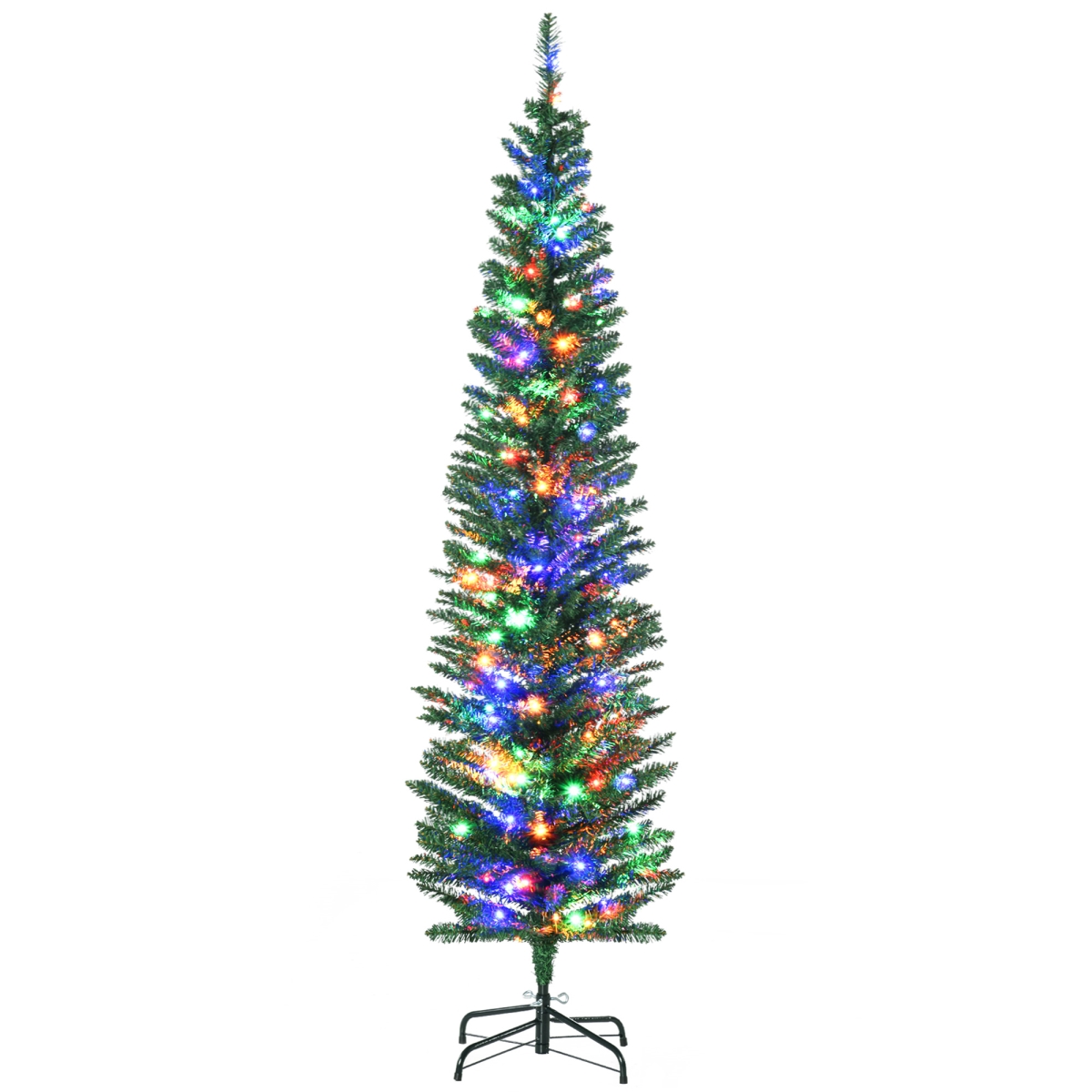 830-755V80GN Homcom 6 ft. Artificial Pencil Christmas Tree, Holiday Decoration with Colorful LED Lights, Steel Base, Skinny Shape