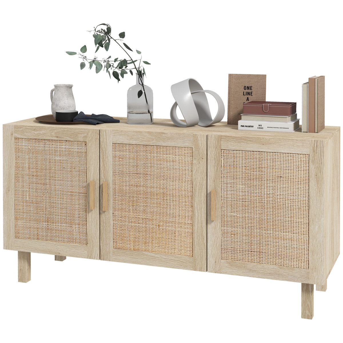 Picture of 212 Main 838-198V02ND Homcom Kitchen Storage Cabinet&#44; Garage Cabinets with 3 Rattan Doors & Adjustable Shelves&#44; Boho Accent Cabinet for Living Room - Natural