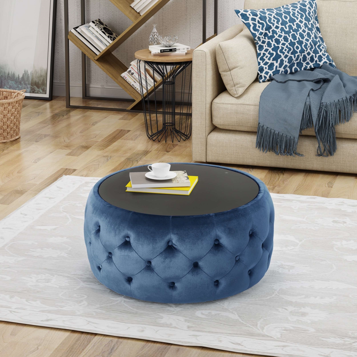 Picture of 212 Main F-NHA-6273200CBLT Button Tufted Square Fabric Ottoman with Cushioned Top&#44; Sturdy Frame & Space-Saving Design&#44; 30 x 30 x 14.5 in. - Dark Blue