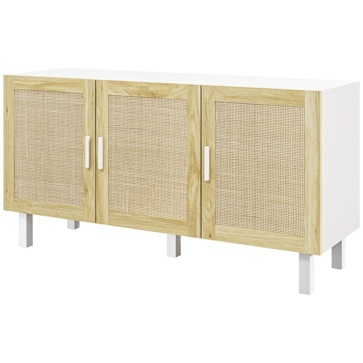 Picture of 212 Main 838-198V82WT Homcom Boho Kitchen Cabinet&#44; Buffet Cabinet with 3 Rattan Doors & Adjustable Shelves for Dining Room - White & Natural