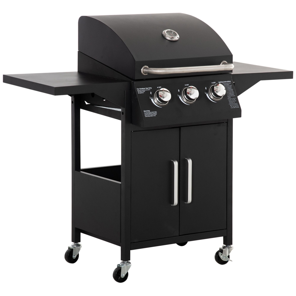846-103V80BK Outsunny Outdoor 3 Burner Gas Grill Portable BBQ Trolley with Wheels Warming Rack Shelves Cabinet Thermometer - Black -  212 Main