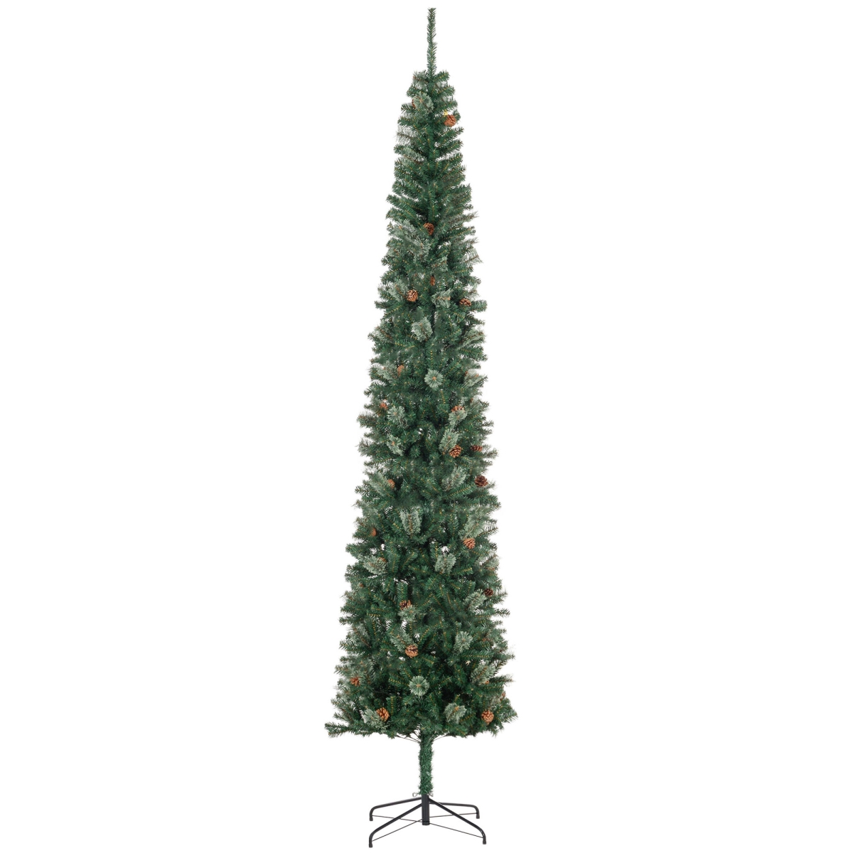 9.5ft Slim Flocked Christmas Tree - Green - Pencil Design - Realistic Pine Cones