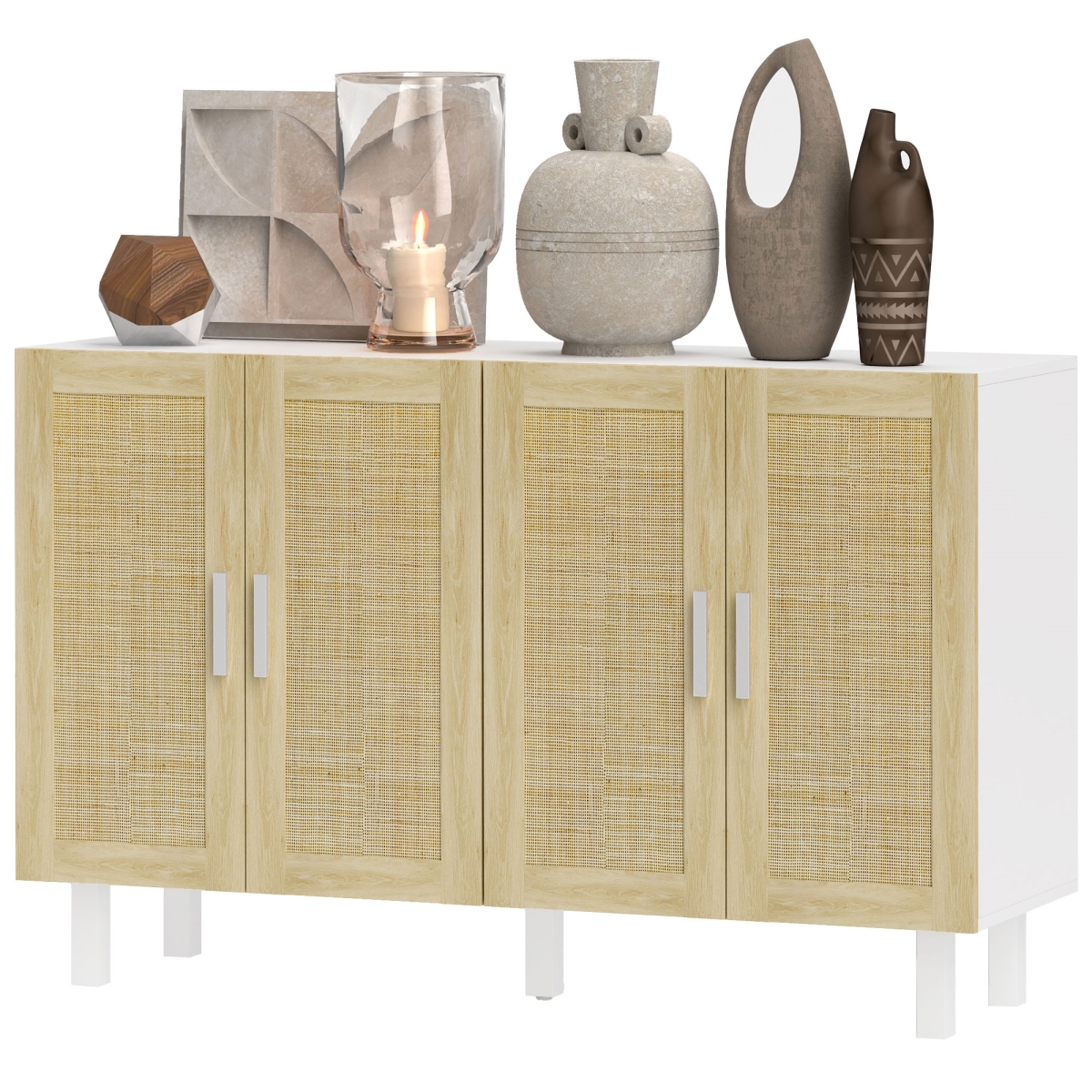 Picture of 212 Main 838-199V82WT Homcom Boho Kitchen Cabinet&#44; Buffet Cabinet with 4 Rattan Doors & Adjustable Shelves for Dining Room - White & Natural