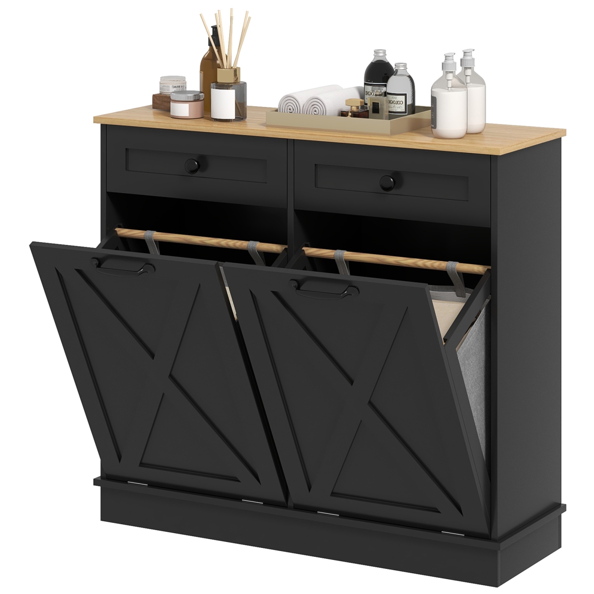 834-703V80BK Homcom Tilt Out Laundry Hamper Cabinet, Bathroom Storage Cabinet with 2 Removable Baskets & 2 Drawers - Black